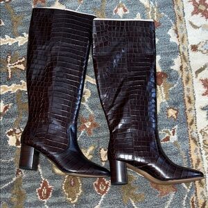 J. Crew Dark Brown Croc-Embossed Heeled Boots